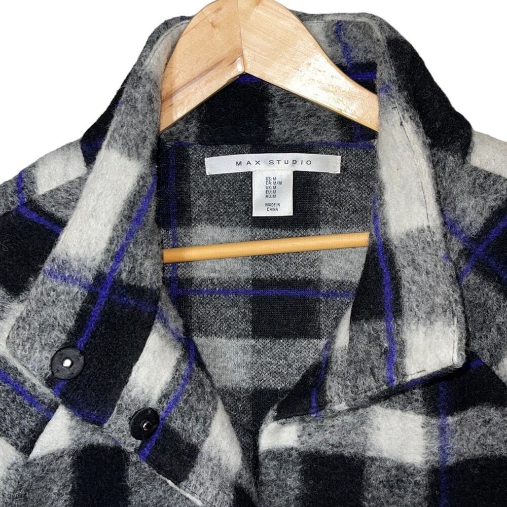 Max Studio Buffalo Plaid Wool Blazer Trench Coat Black White Size M - Picture 4 of 5